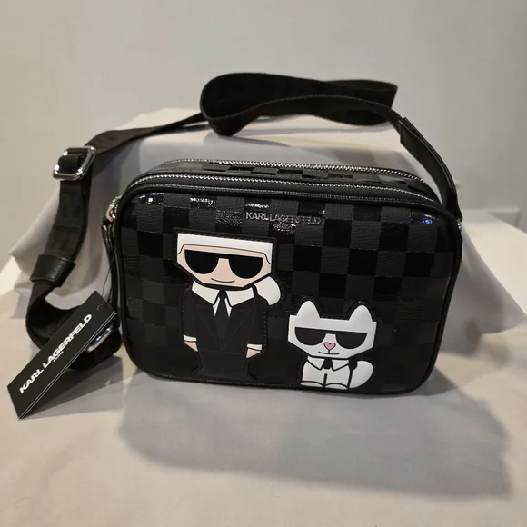 KARL LAGERFELD Maybelle logo Black Checkered Character print Crossbody Bag. NWT - Picture 2 of 10